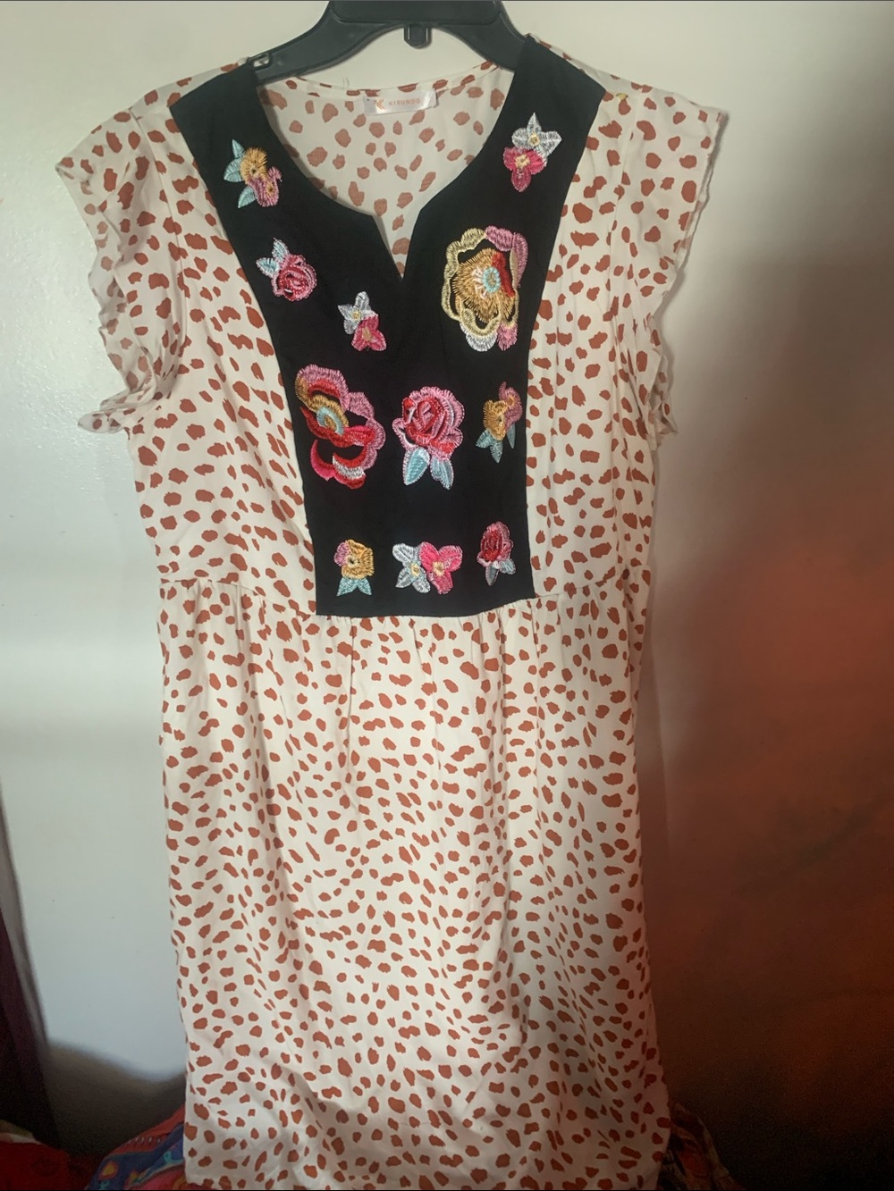 White Floral-Print Mini Dress with Embroidered Black Yoke